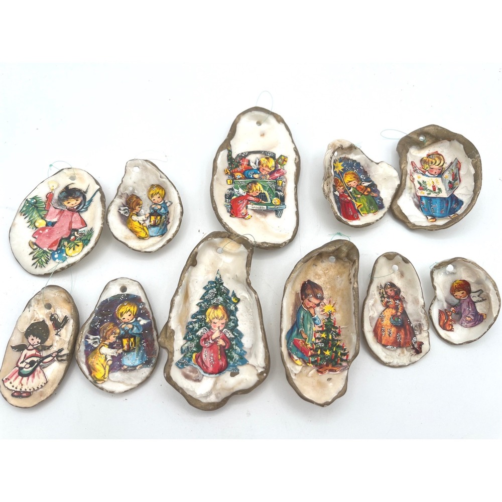 Vintage Decoupage Angels Oyster Shell Christmas Ornaments Handmade Kitsch 10 pc - Picture 4 of 6